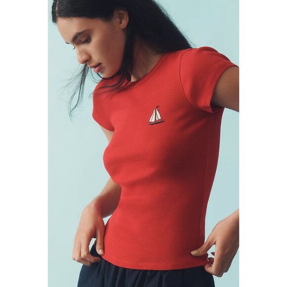 Anthropologie Maeve Embroidered Baby Tee Blouse Top Short Sleeve XXS NWT  280324 - Picture 2 of 9